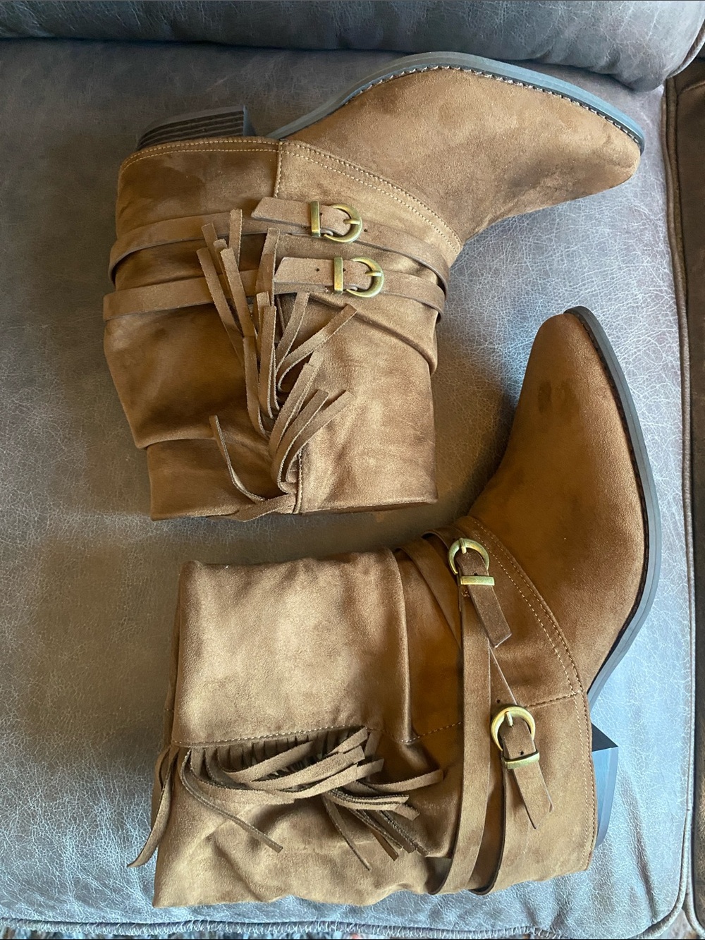 Women's Brown Faux Suede Fringe Ankle Booties with Wrap Straps - Picture 8 of 9